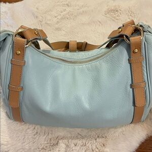 Lauren Ralph Lauren Light Blue and Tan Leather Shoulder Bag